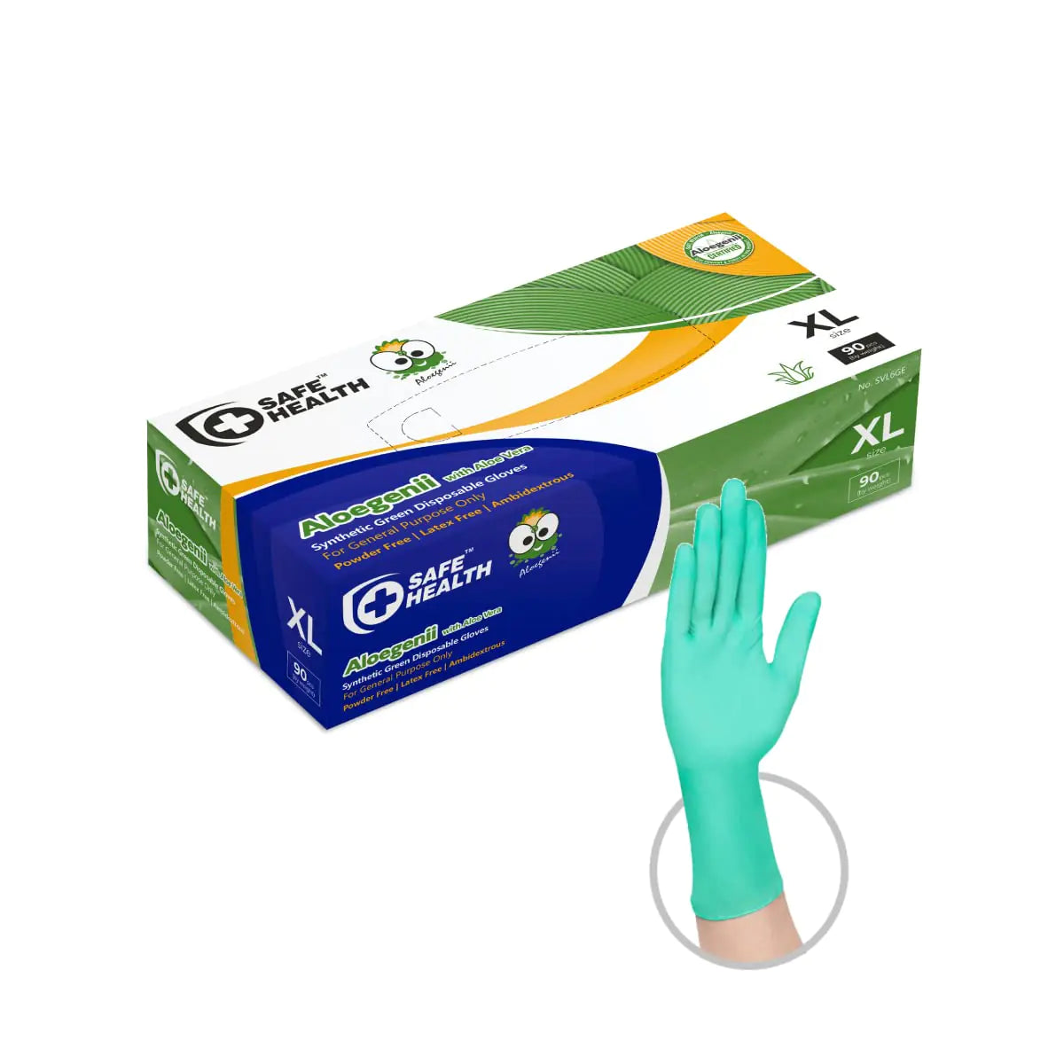 Safe Health Aloegenii HD Green Vinyl Disposable Gloves Aloe Vera Coated 5.5 mil Box of 90 XL Latex Free Powder Free Cleaning Food Service Office Janitorial