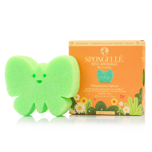 Spongellé Butterfly Eco Animals Kids Buffer, a body wash infused sponge with butterfly design for gentle skincare.