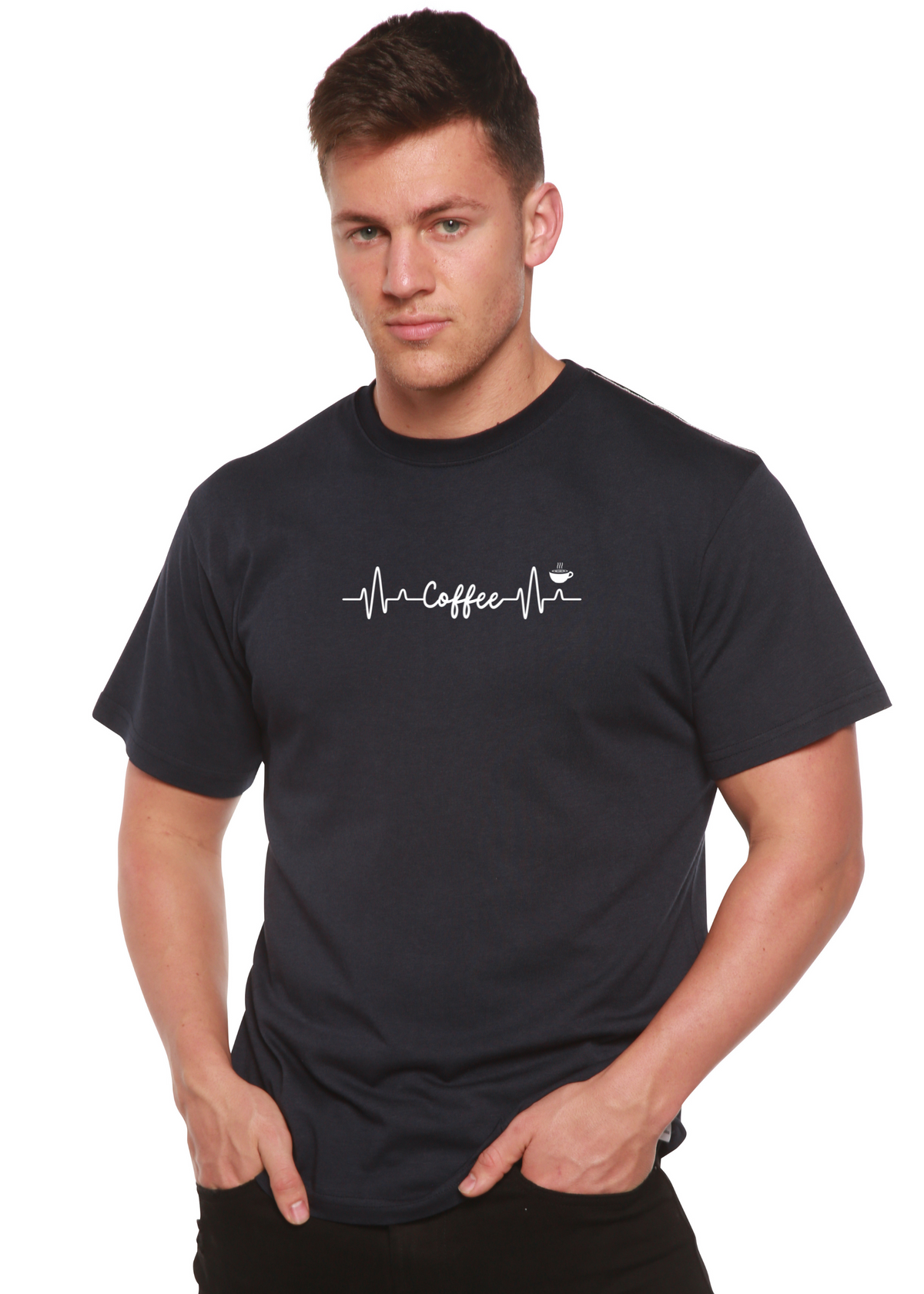 Unisex Heartbeat Coffee graphic T-shirt by Spun Bamboo featuring a bamboo and cotton blend fabric with a printed heartbeat coffee design.