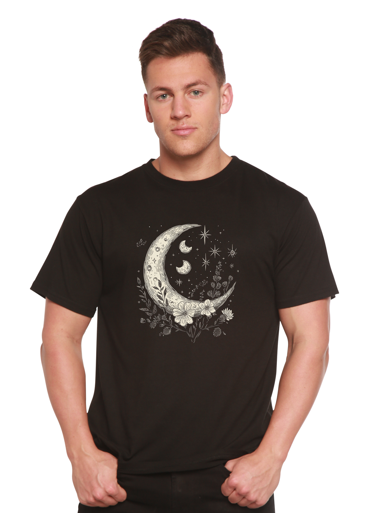 Men's printed graphic T-shirt by Spun Bamboo featuring moons, stars, and boho floral vintage design in bamboo and cotton fabric.
