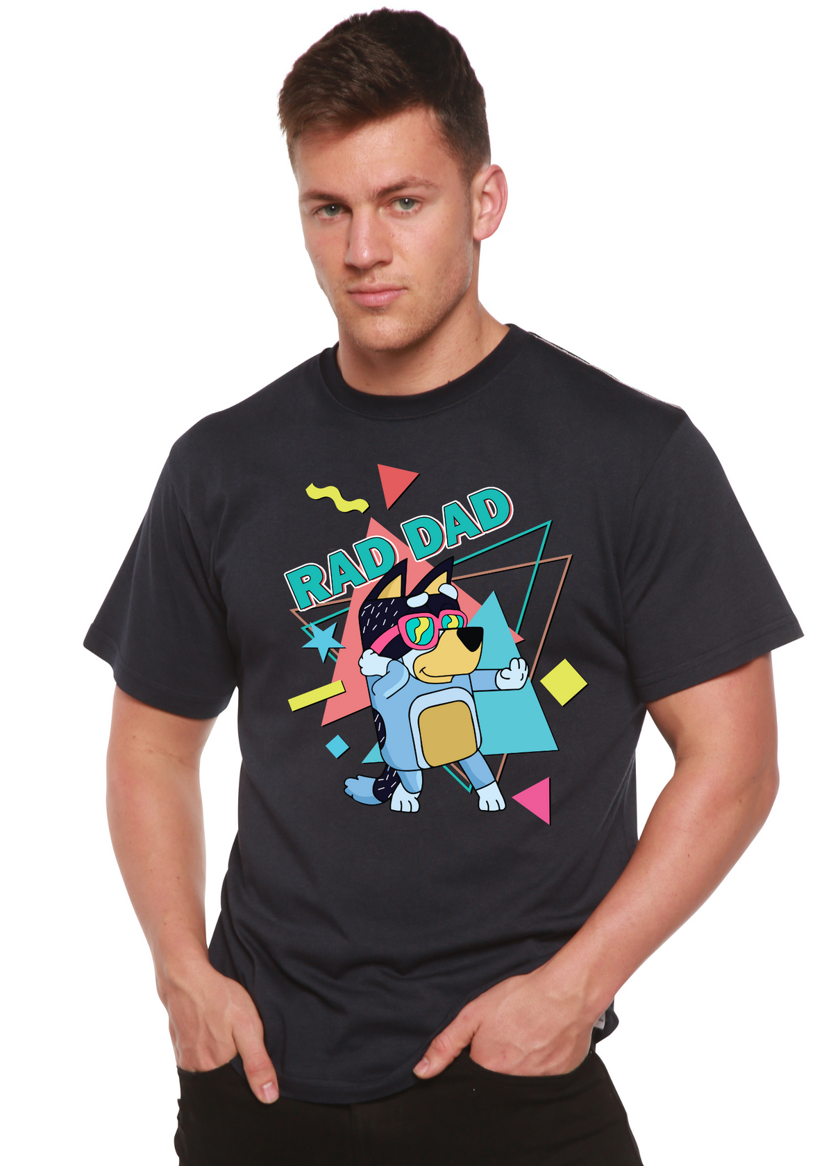 Spun Bamboo Rad Dad Bluey men's printed bamboo short sleeve graphic T-shirt with Bluey character design.