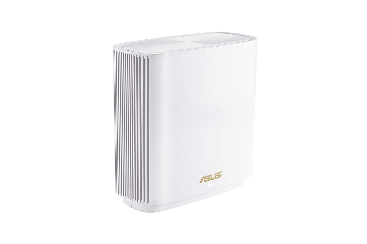 ASUS ZenWiFi Mesh WiFi 6E system with two routers, featuring sleek design and LED indicators for seamless home internet coverage