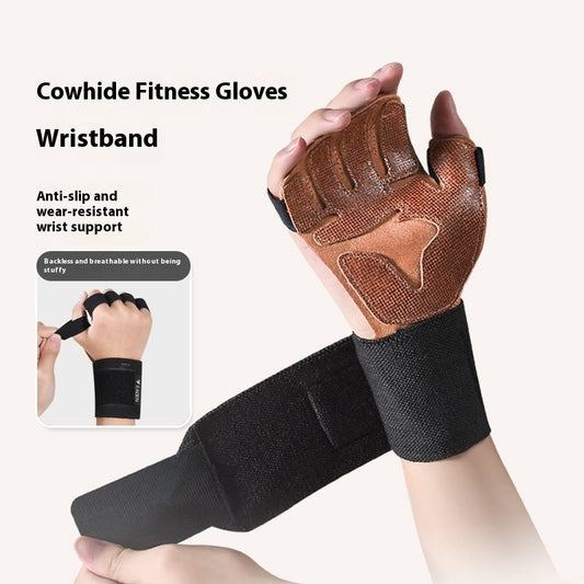 Cowhide fitness anti-slip wrist gloves with padded palms and adjustable wrist straps