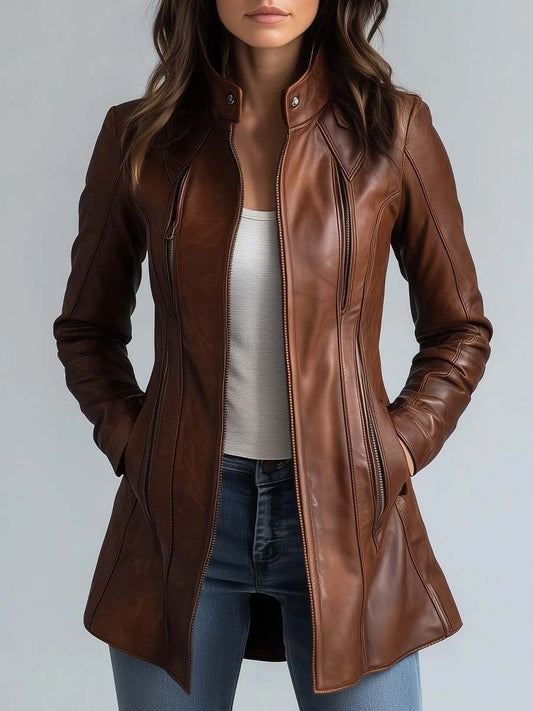 Women's vintage faux leather jacket with stand collar, front zipper, long sleeves, and fitted silhouette