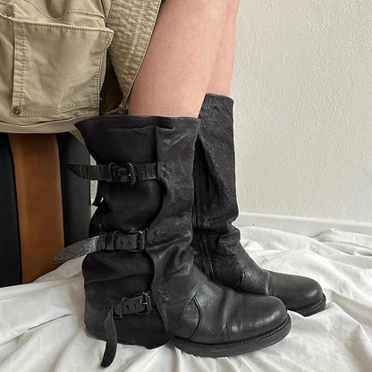 Women's retro pleated mid-calf boots with leather buckle detailing