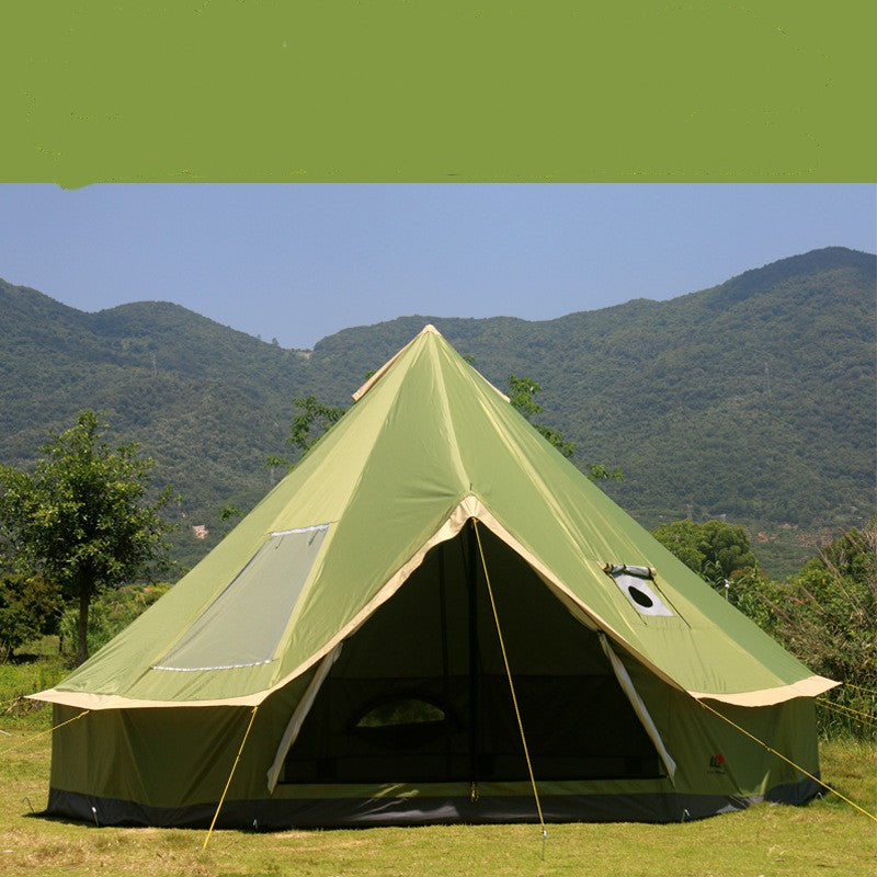 Yurt tent outdoor camping pyramid with chimney and sunscreen fabric, front view