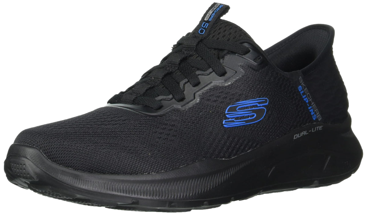 Skechers Men's Equalizer 5.0 slip-on sneaker with black mesh upper and cushioned sole, casual athletic footwear.
