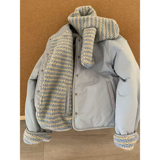 Korean-style scarf-collar cotton-padded coat, warm loose-fitting outerwear in a simple design