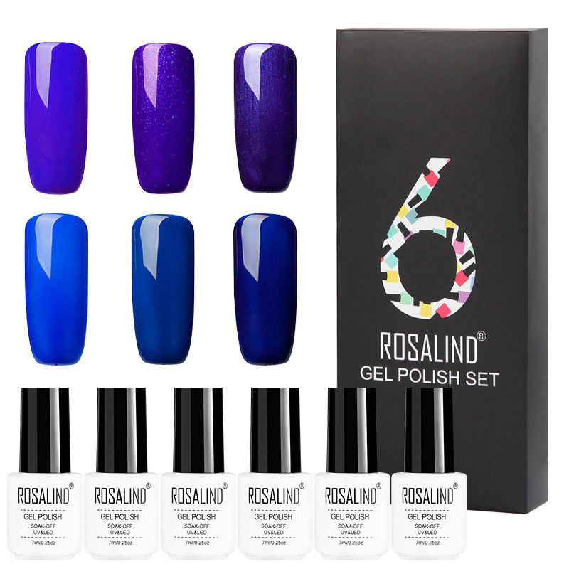 Six-color solid gel polish set in a gift box for manicures, featuring assorted nail polish shades
