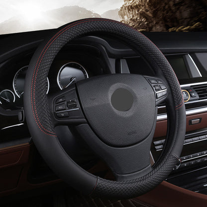 Universal leather car steering wheel cover in black with textured grip surface