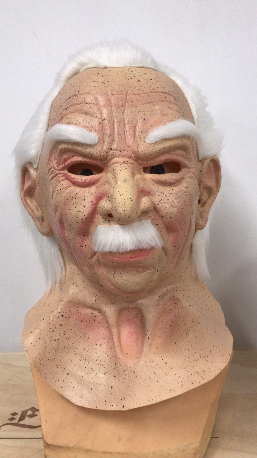 Old man mask with white hair and beard headgear for Halloween