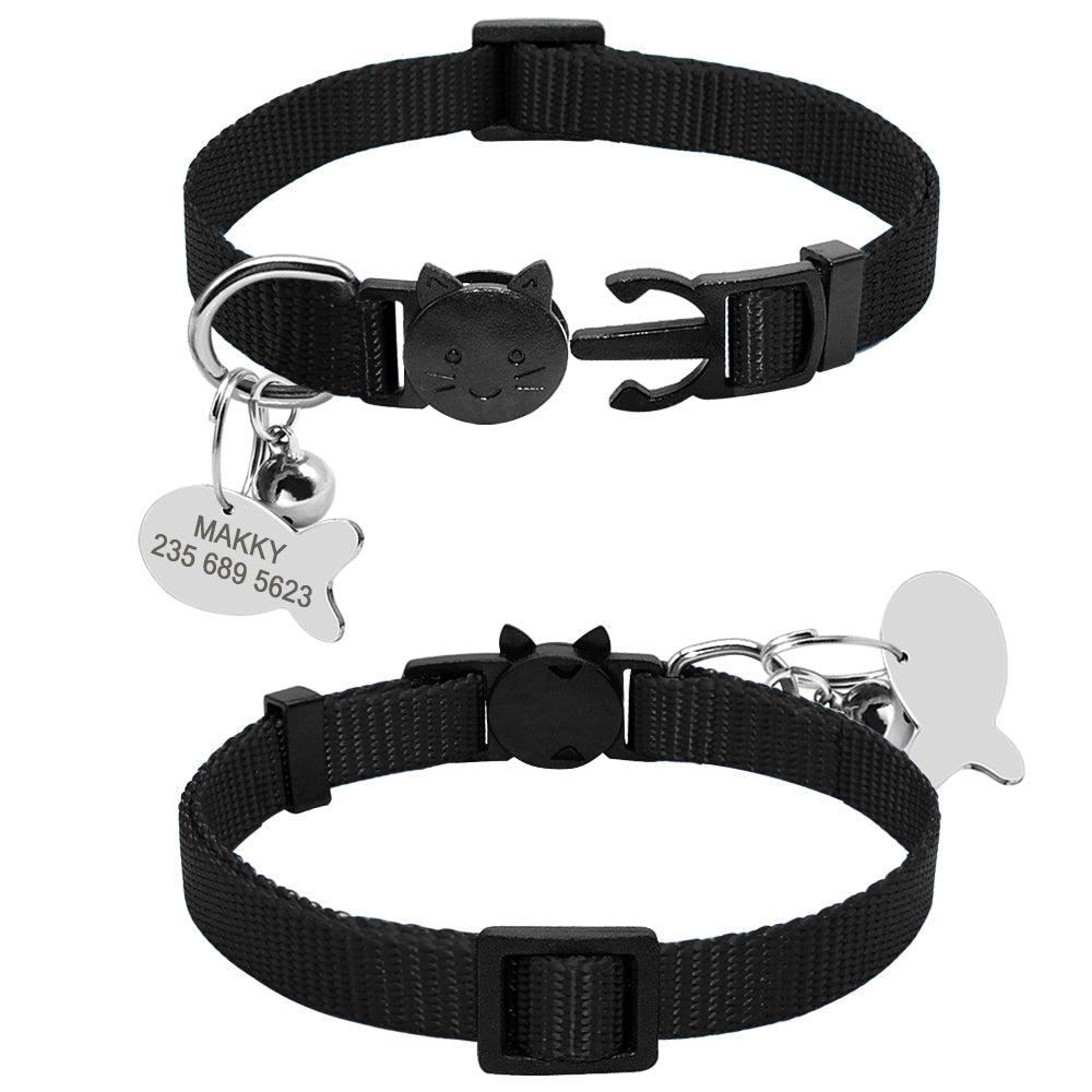 Personalized nylon breakaway cat collar with quick-release buckle and ID tag set
