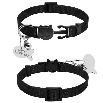 Personalized nylon breakaway cat collar with quick-release buckle and ID tag set