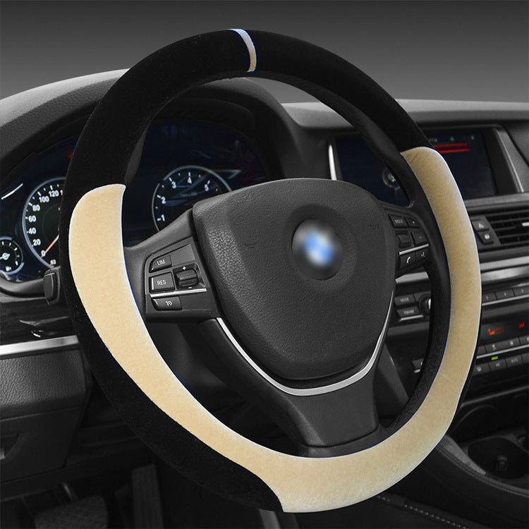 Winter short plush flocking steering wheel cover in soft gray fabric close-up