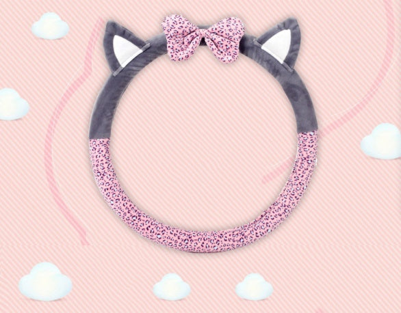 Cute cat ear steering wheel cover in soft short plush fabric, black and gray automotive accessory