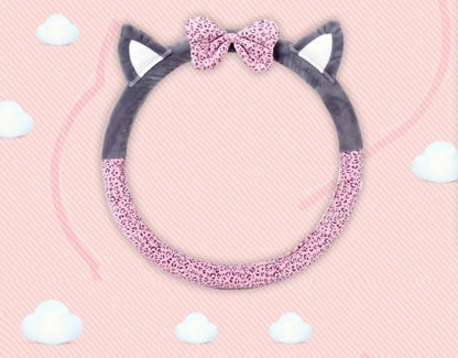 Cute cat ear steering wheel cover in soft short plush fabric, black and gray automotive accessory