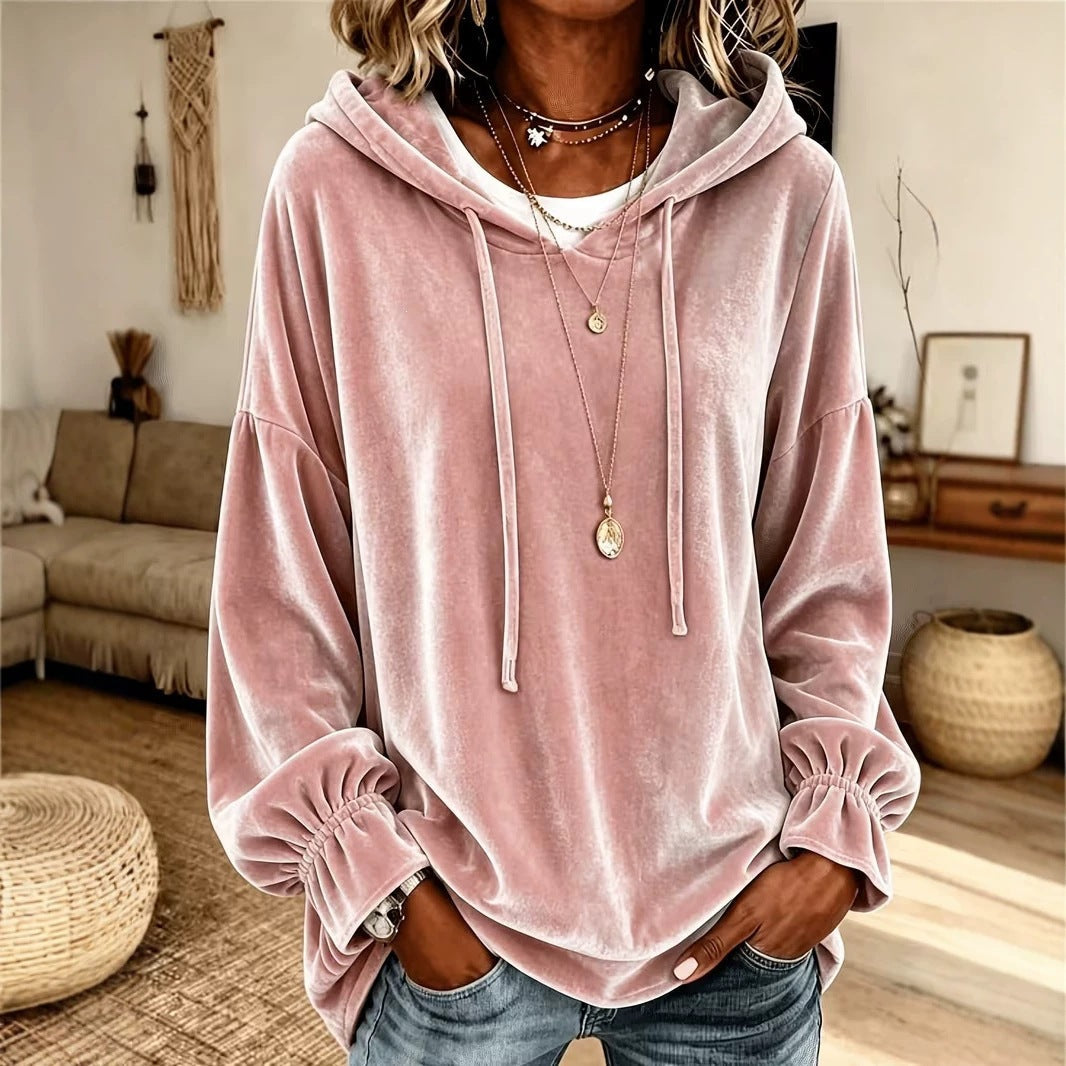 Women's hooded velvet sweater with drawstring, loose fit, autumn and winter style
