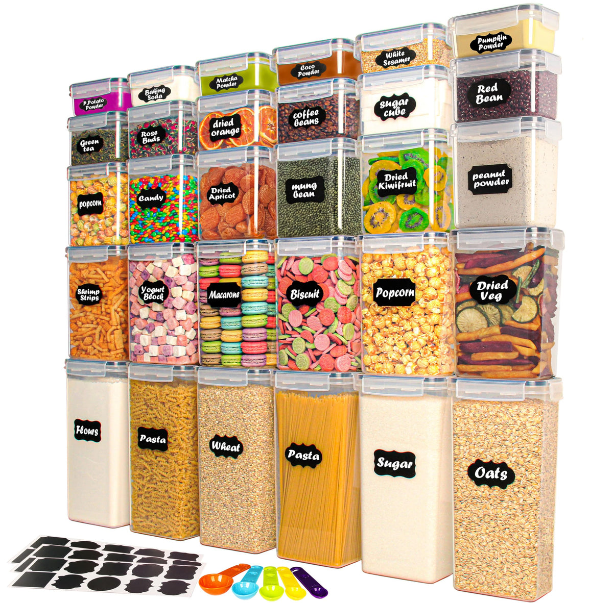 Set of clear airtight food storage containers with lids, 30-piece BACKUPMYFILESNOW® food storage set for keeping kitchen organized.