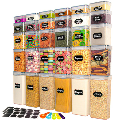 Set of clear airtight food storage containers with lids, 30-piece BACKUPMYFILESNOW® food storage set for keeping kitchen organized.
