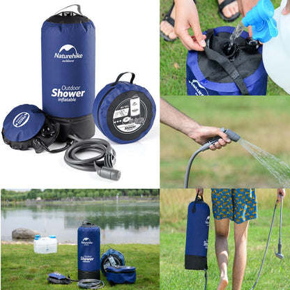 Outdoor camping shower bag, folding portable shower with black water storage pouch