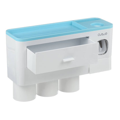Non-marking hanging magnetic toothbrush holder with single drawer, toothpaste squeezer, and toiletry storage rack