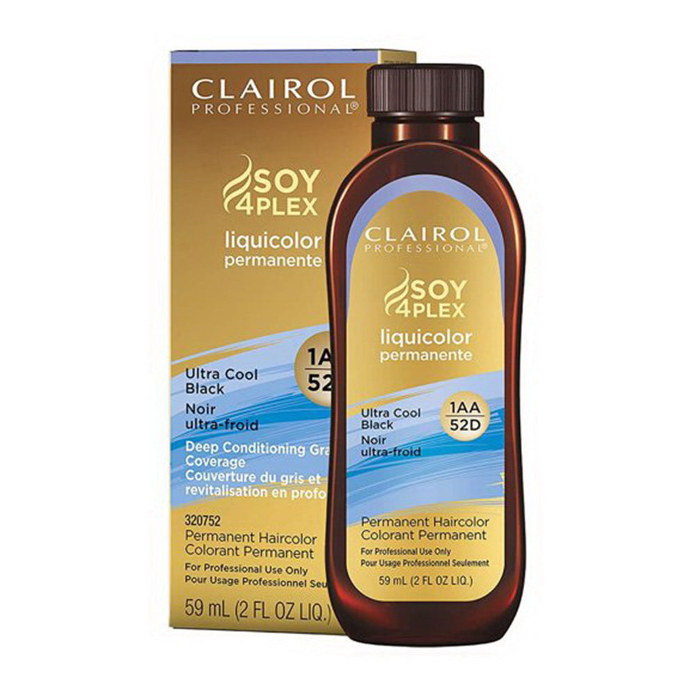 Clairol Professional Permanent Liquicolor hair dye in Ultra Cool Black for dark hair, showcasing the product tube and packaging.