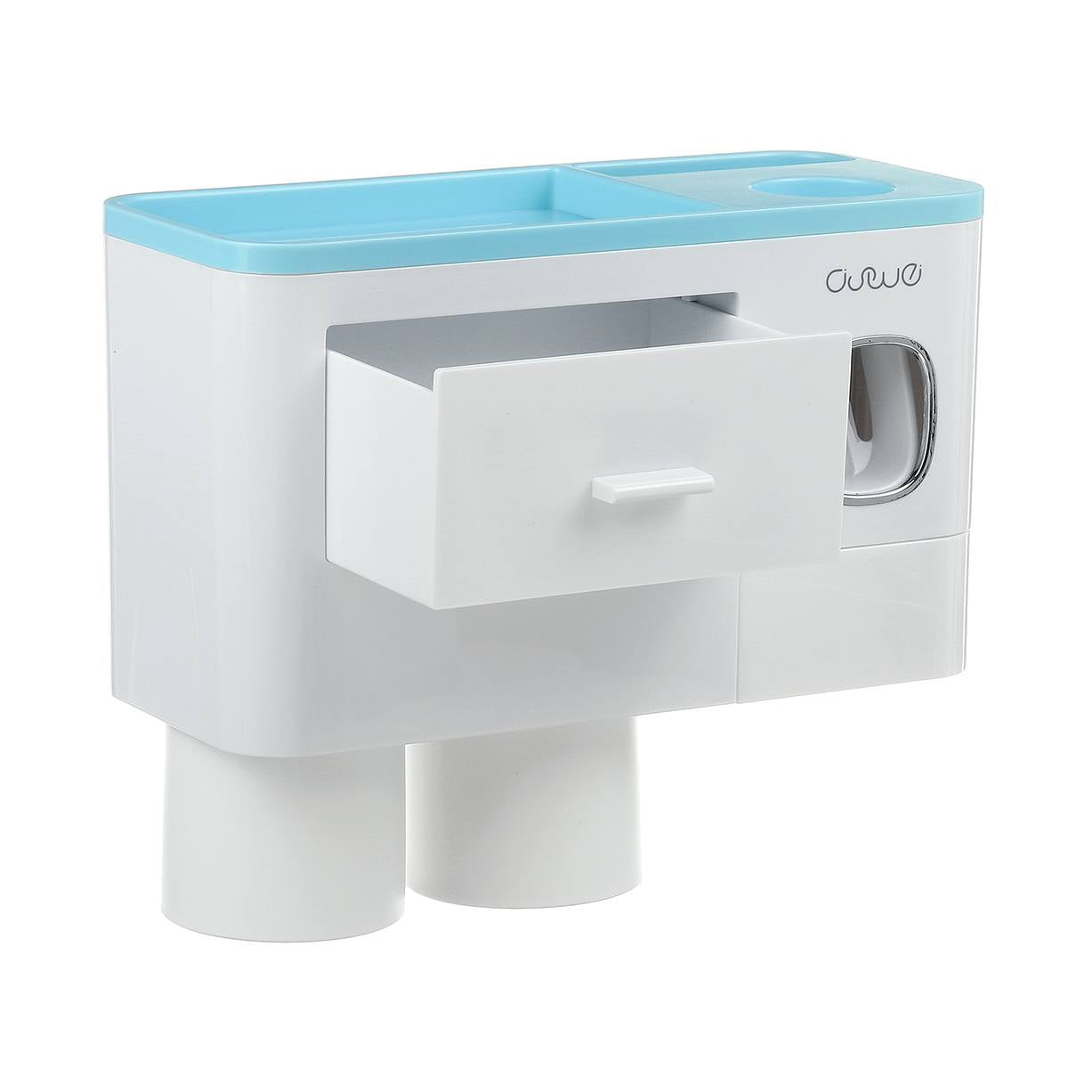 Hanging magnetic toothbrush holder with single drawer, toothpaste squeezer, and non-marking storage rack