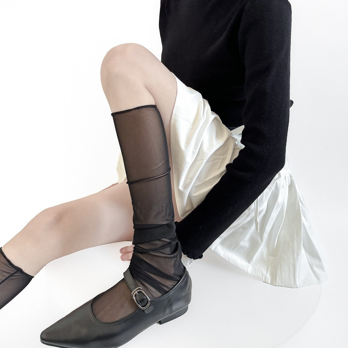 Lightweight slimming mesh socks for women, sheer black design with breathable stretch fabric