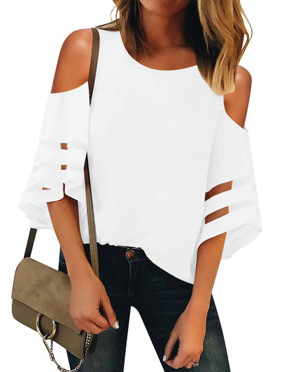 Beige cold shoulder V-neck top in XL from BACKUPMYFILESNOW® featuring long sleeves and a stylish, casual fit.