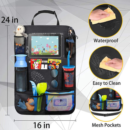 Child car seat back cover with touch screen display, rear passenger vehicle accessory
