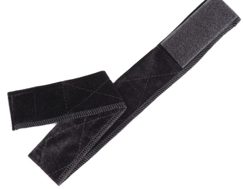 Flexible velvet adjustable wig grip headband in black, showing soft textured fabric and adjustable closure