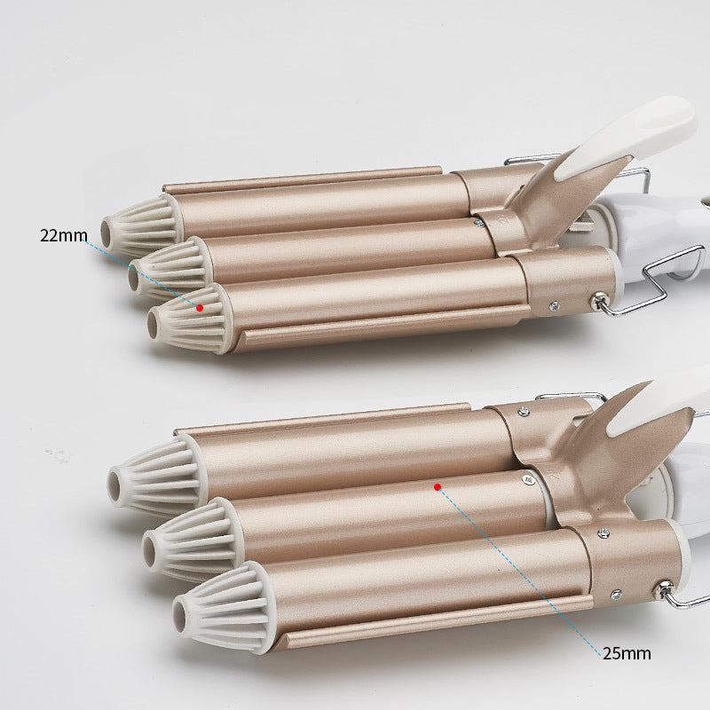 Three-tube curling iron by My Store with three cylindrical barrels for creating textured waves
