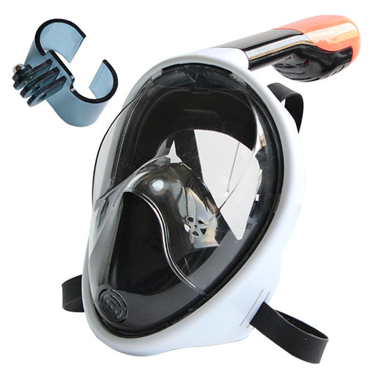 Full-face silicone snorkeling goggles with anti-fog lens, GoPro mount, and dry snorkel tube