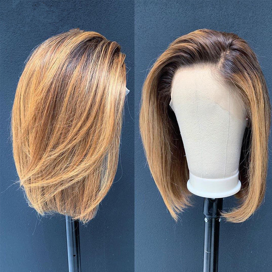 Side split color wig with two-tone hair design, shown from the front