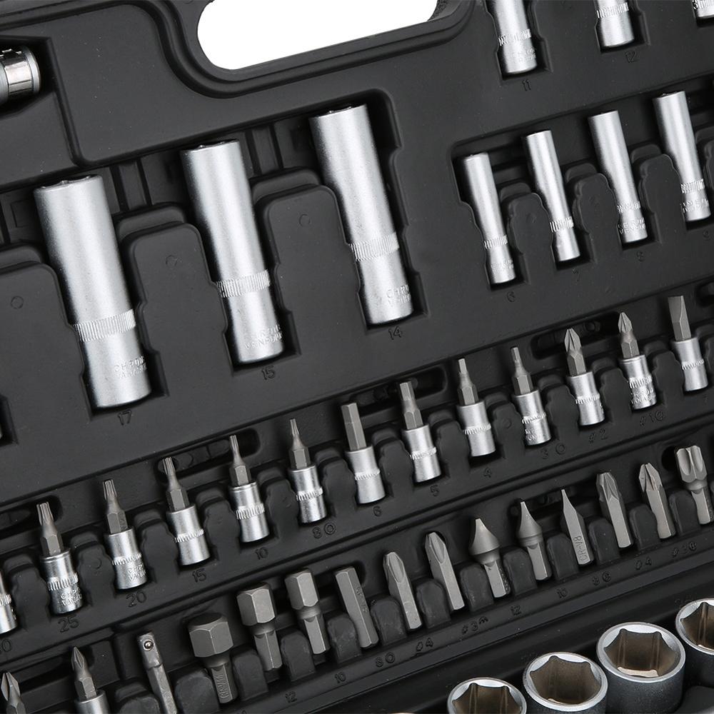 94-piece auto repair socket set with assorted sockets and hand tools in a storage case