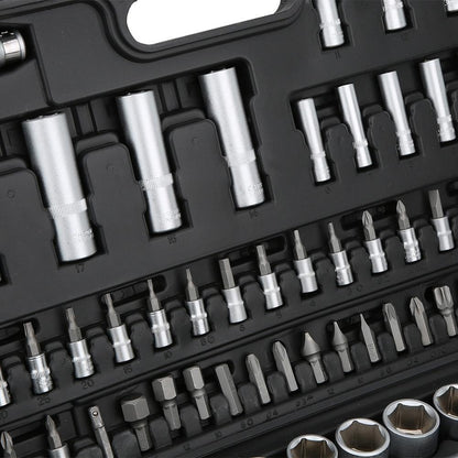 94-piece auto repair socket set with assorted sockets and hand tools in a storage case