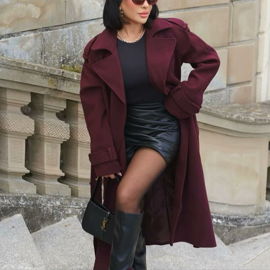 Women's woolen lapel coat with belt, double-breasted trench design and long winter jacket style