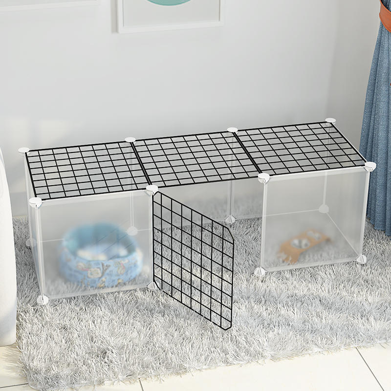 Small dog indoor home isolation fence cage with wire panels and secure enclosure setup