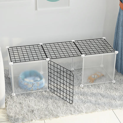 Small dog indoor home isolation fence cage with wire panels and secure enclosure setup