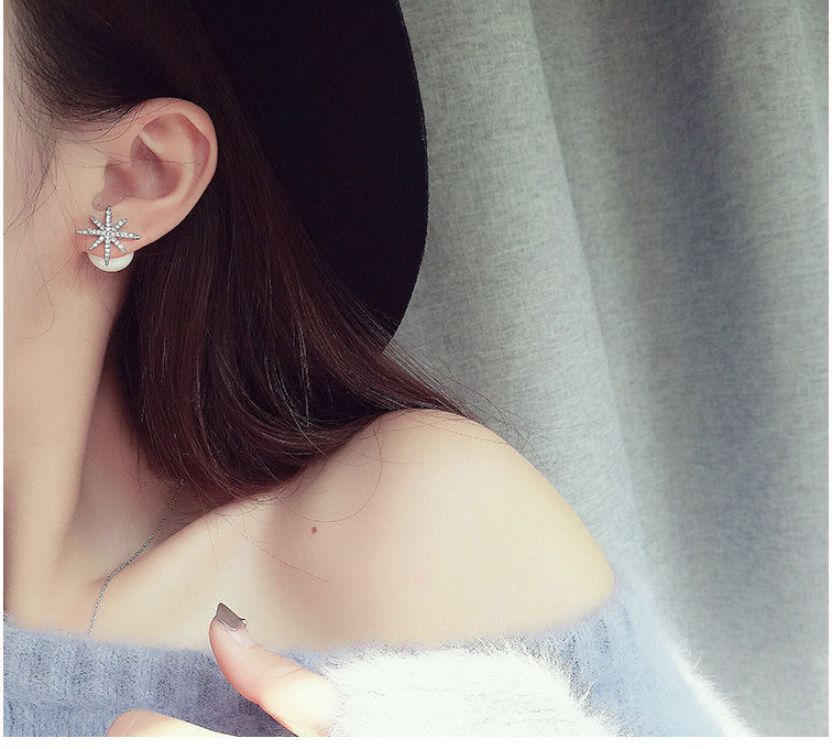 Zircon snow pearl double-sided earrings with sparkling zircon accents and white pearl drops