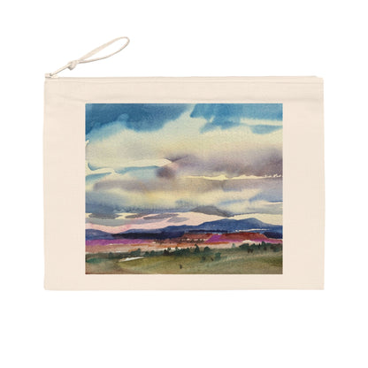 Eco-friendly pouch featuring original artwork 'Tranquil Mountain View 1' by Barbara Cleary, made by Printify.