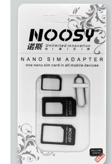 Three-piece SIM card set by My Store displayed together in standard, micro, and nano sizes