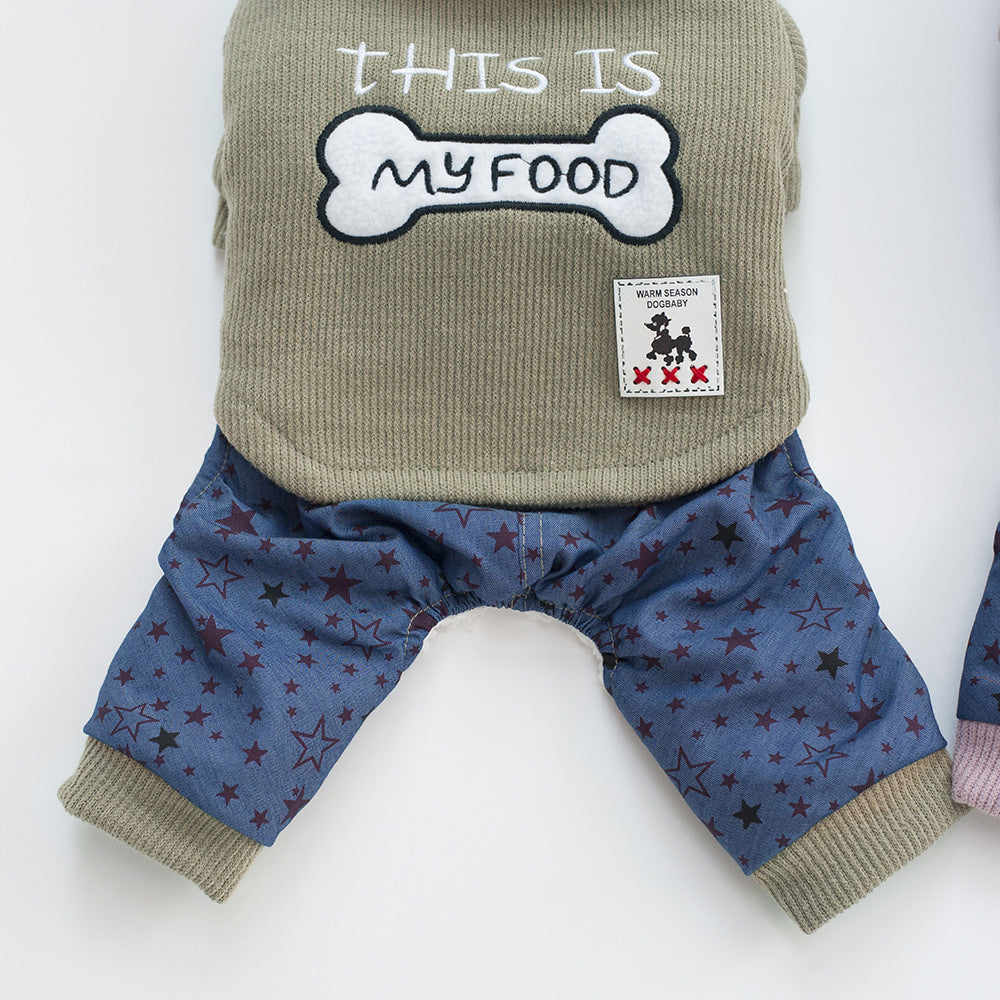 Bone clothes pet clothing in bone print, shown on a pet mannequins