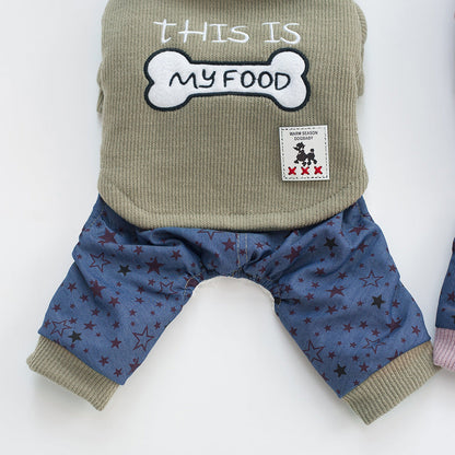 Bone clothes pet clothing in bone print, shown on a pet mannequins
