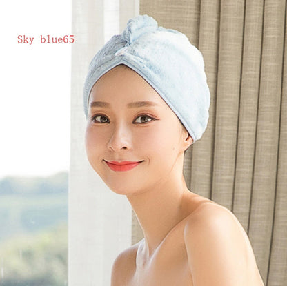 Women's absorbent hair dryer cap towel for drying hair, shown in a soft wrap design