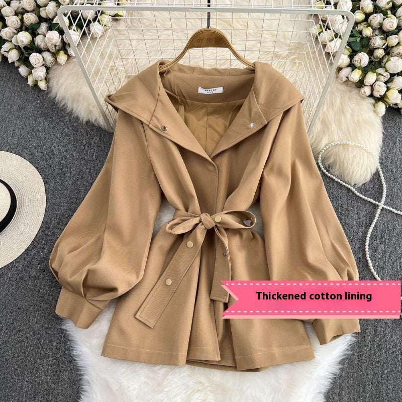 Women's winter and autumn hooded trench coat in a classic long design