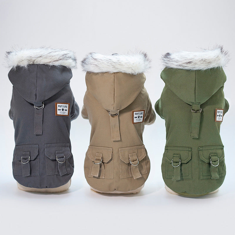Cap dog coat in a close-up product view with a hooded design and secure fit for dogs