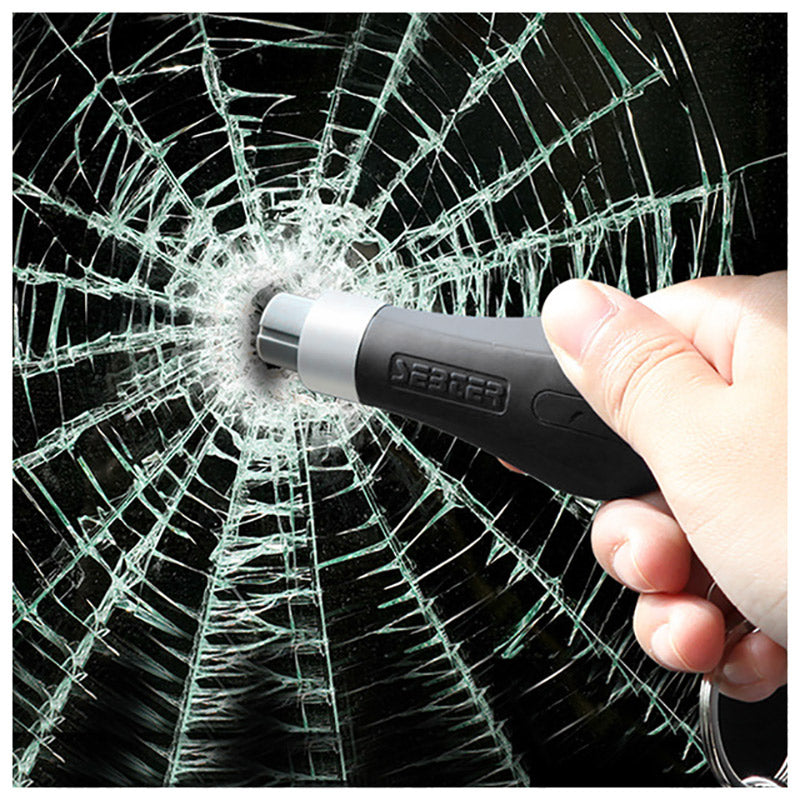 Safety hammer for mini emergency vehicle in black and yellow with pointed glass breaker tip