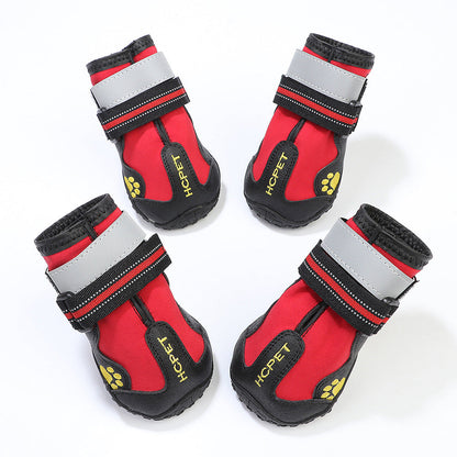 Pet dog wearing waterproof shoes for paws protection