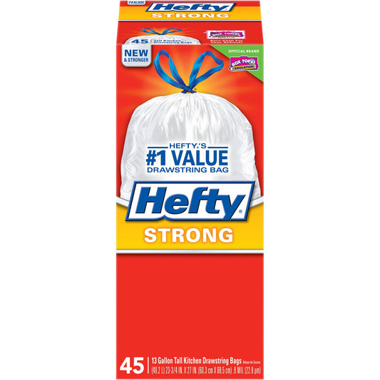 Hefty 13-gallon tall kitchen trash bags with strong drawstrings, designed for durable waste disposal in kitchens.